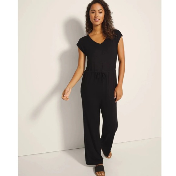 Soma Pants - Soma Sunday Lounge Jumpsuit Black V-Neck Wide Leg Drawstring Pockets Small